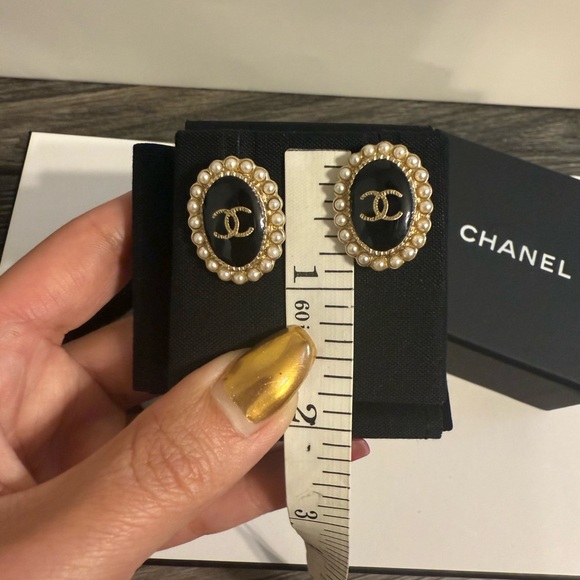CHANEL Gold CC Black Enamel Faux Pearl Embellished Oval Earrings - Picture 6 of 9